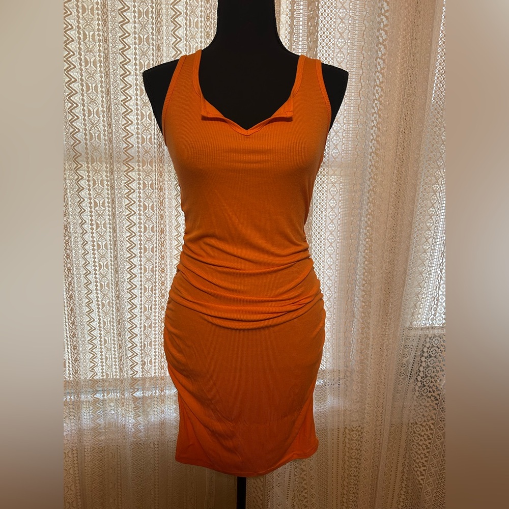Vibrant Orange Ruched Mini Dress